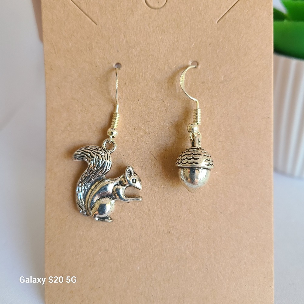 Handmade Squirrel and Acorn Earrings NEW Asymmetrical Novelty Woodland Jewelry